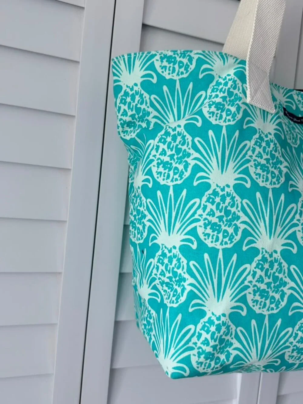 Bahama Hand Prints Pineapple Beach Tote Bag Aqua Canvas Large Shoulder Tote